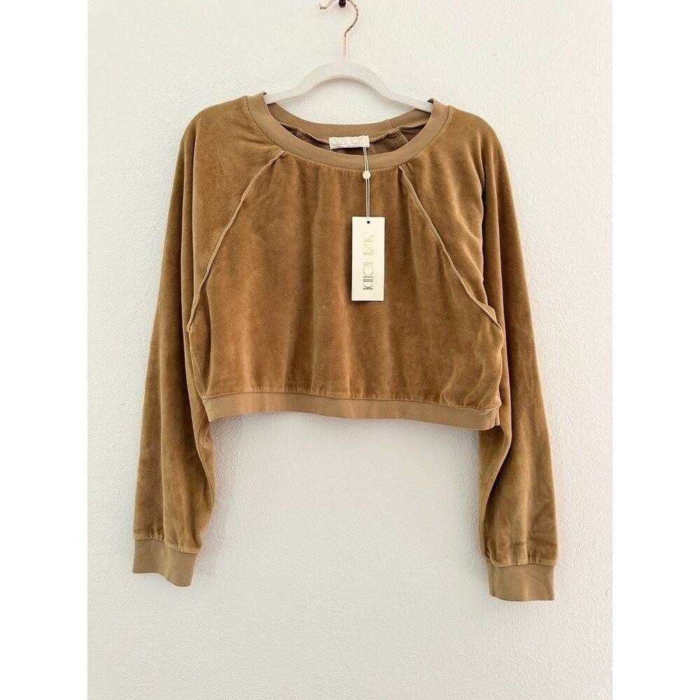 NWT Suzie Kondi Velour Crop Teddy Sweater Gold Yellow Raglan Crew Women's Large